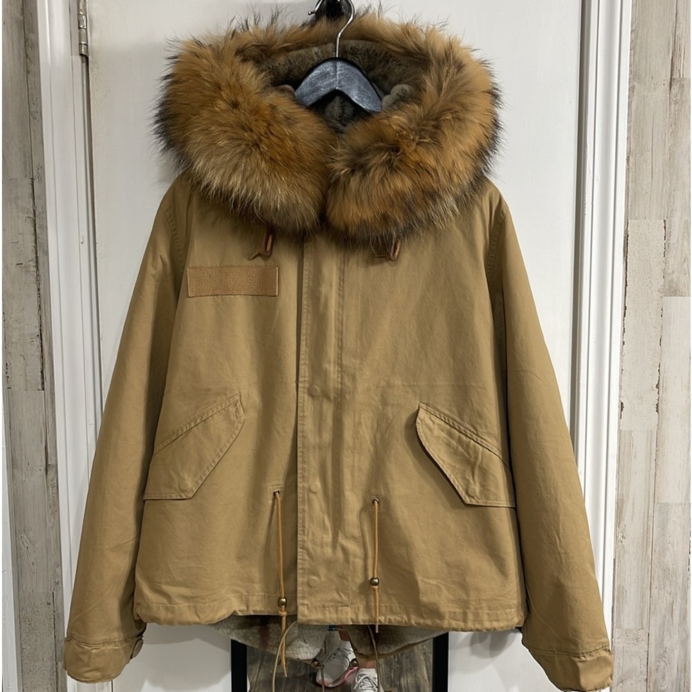 Jazzevar Tan Utility Jacket with Fox Fur Trim